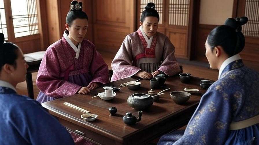 K-drama scene with soban table and hanbok-clad actors in ceremonial setting
