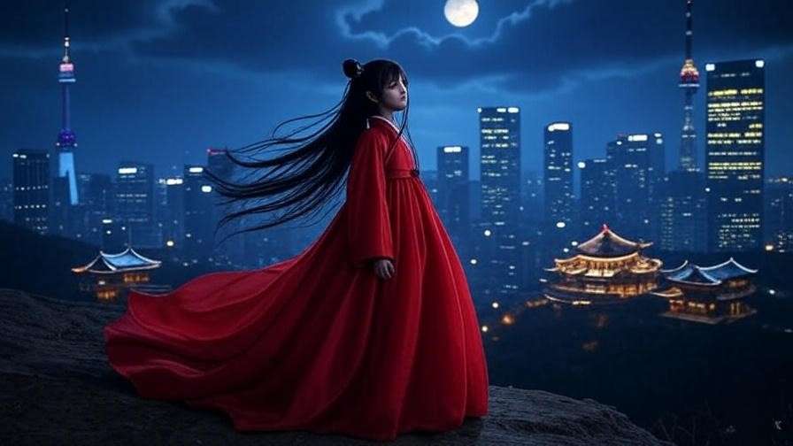 Gumiho in hanbok on a cliff with Seoul skyline, symbolizing K-drama culture