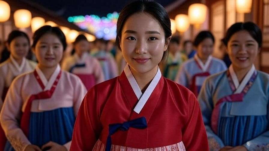 Vibrant red hanboks worn during a traditional Korean festival celebration