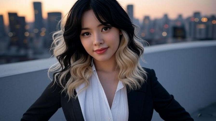 Two-tone black and platinum blonde hair on a Seoul rooftop inspired by K-pop idols