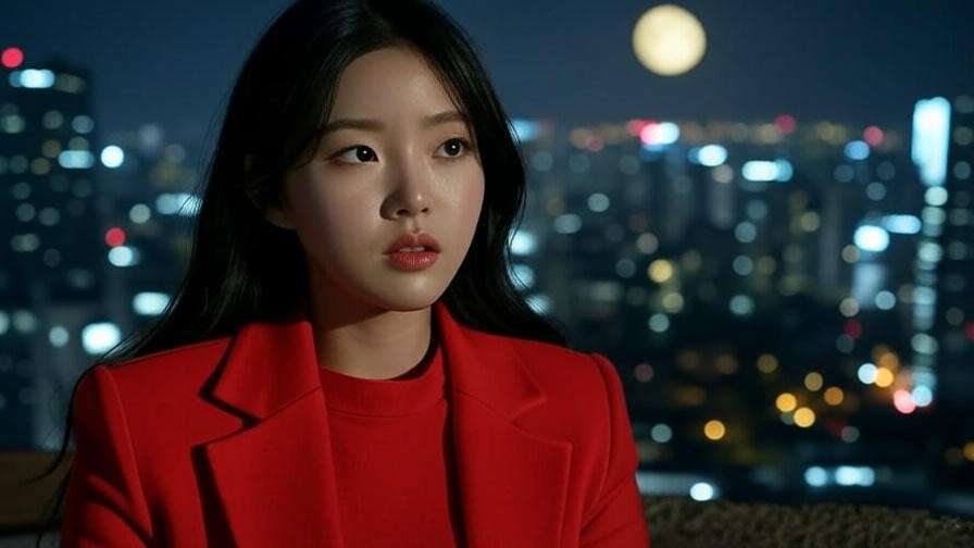 K-drama character in a striking red outfit under a moonlit night