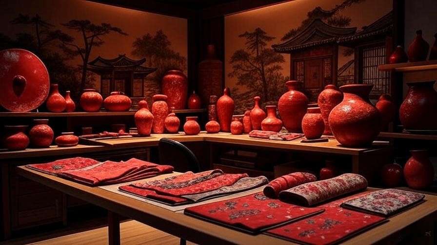 Korean-inspired art workspace with red pottery and textiles"
