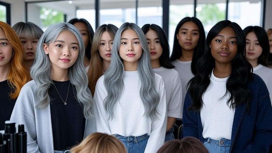 Diverse skin tones with caramel, ash grey, and rose gold hair tints in a Korean salon