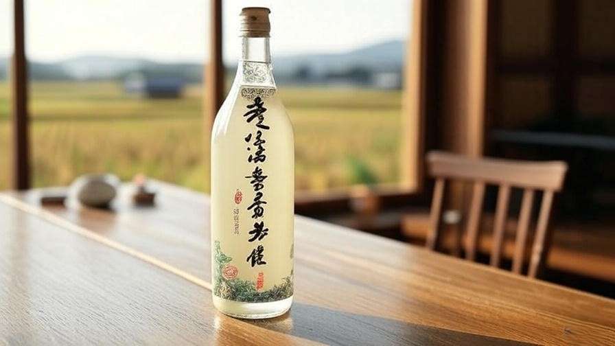 A bottle of dugyeonju, Korea’s traditional rice wine, placed on a wooden table with a scenic view of azalea fields and a traditional hanok house in the background.