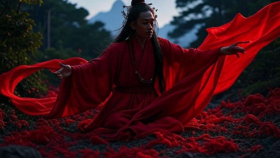 Korean shamanic ritual with a figure in red robe and talismans