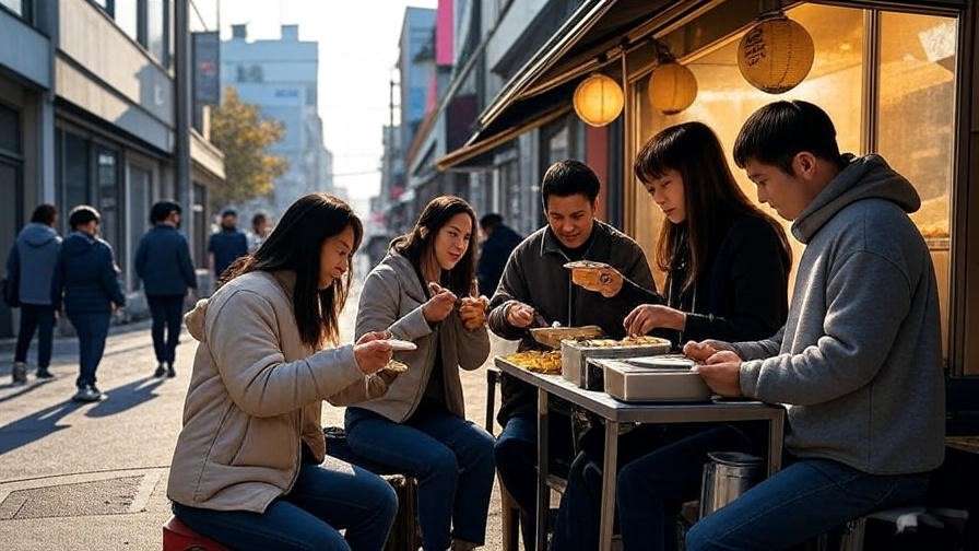 Cozy Korean street scene with people and lanterns showcasing cultural engagement