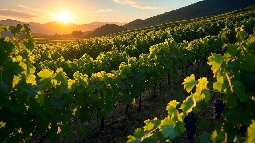Scenic Korean vineyards in Yeongdong during harvest season, showcasing grapevines under a golden sunset.