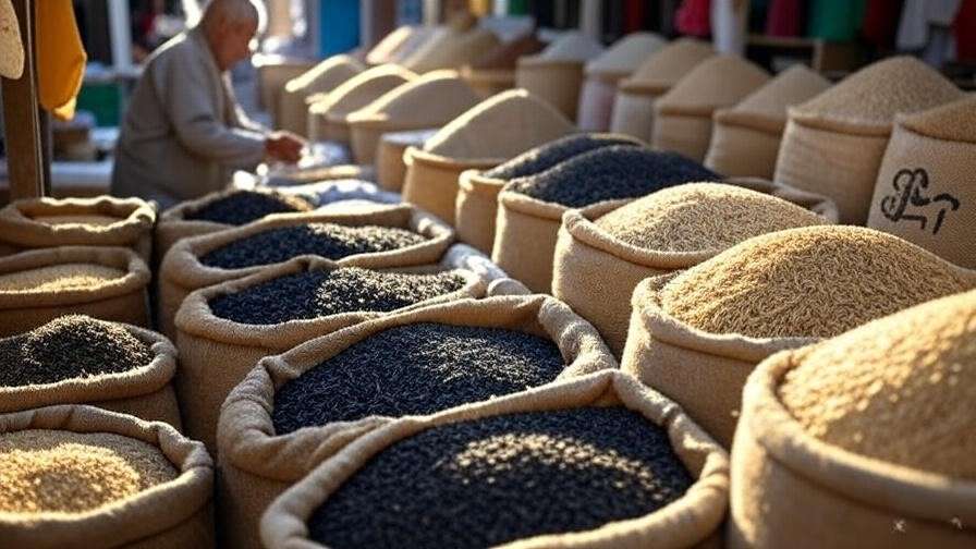 Korean market stall with 5 grain rice bags and grains