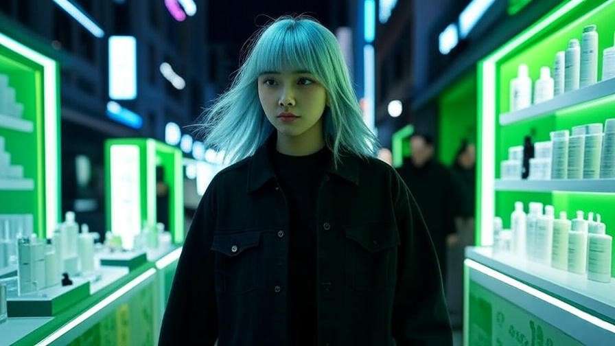 Futuristic silver-blue hair trend with eco-friendly Korean beauty products in neon Seoul