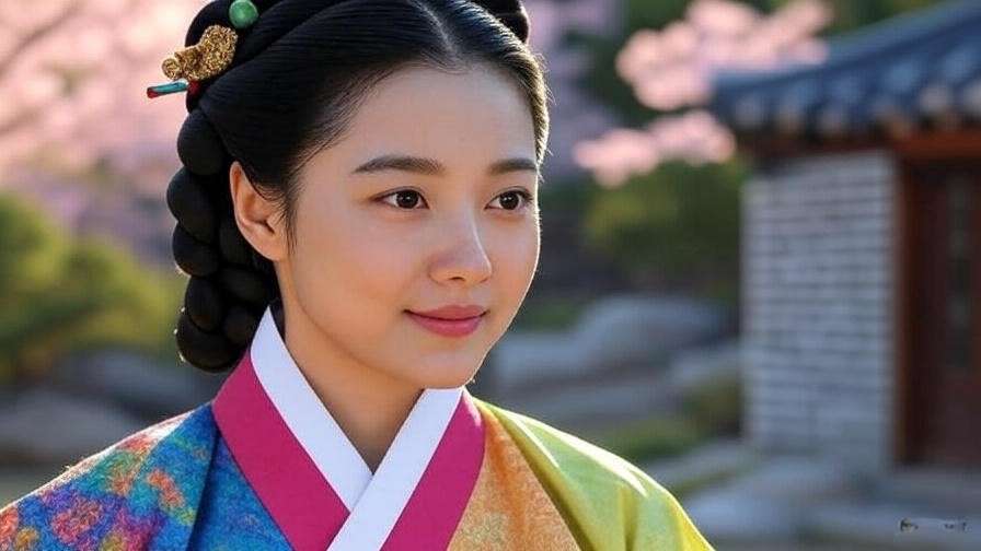 A Joseon-era noblewoman with an elegant jjokjin meori updo, adorned with a jade binyeo hairpin and colorful daenggi ribbon, wearing a vibrant hanbok. She stands against a traditional Korean backdrop with cherry blossoms and a hanok house