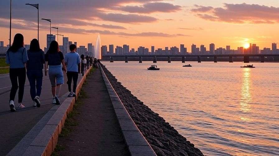 Han River sunset with couples walking and Banpo Bridge rainbow fountain in the background