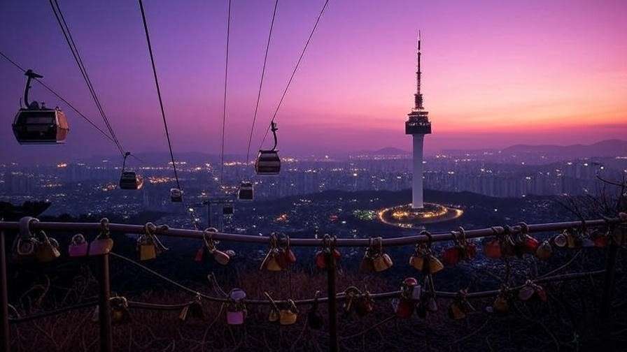 Namsan Tower at dusk with love locks and cable cars over Seoul cityscape