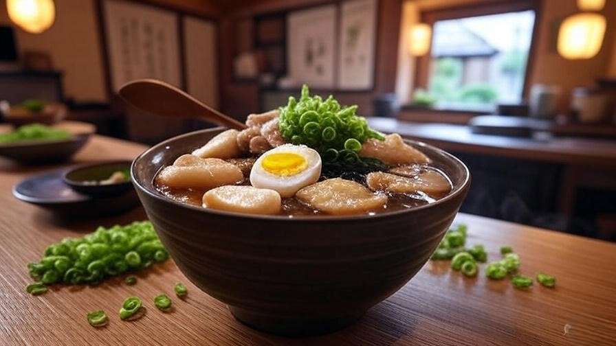 Steaming tteokguk with rice cakes and garnishes in a traditional Korean kitchen.