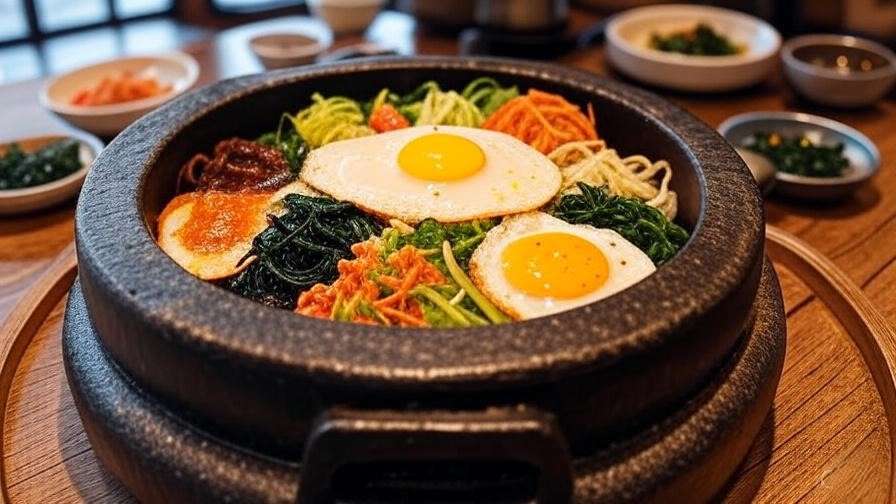 Steaming bibimbap in a stone pot with vegetables and egg on a rustic table.