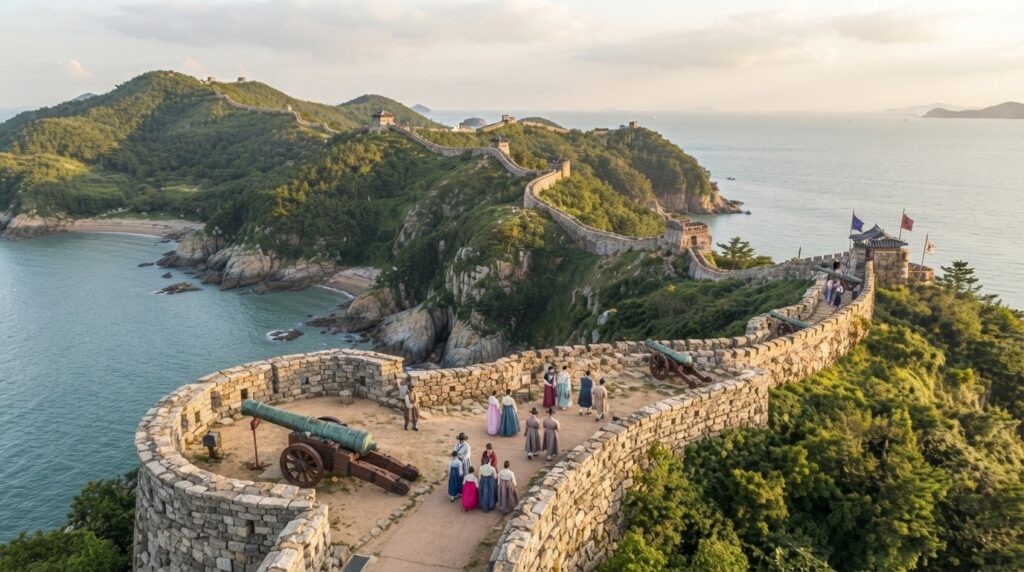 Gwangseongbo Fortress walls and cannons overlooking the coastline