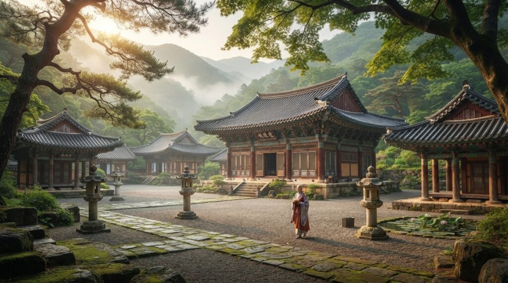 Jeondeungsa Temple nestled in a lush green valley 