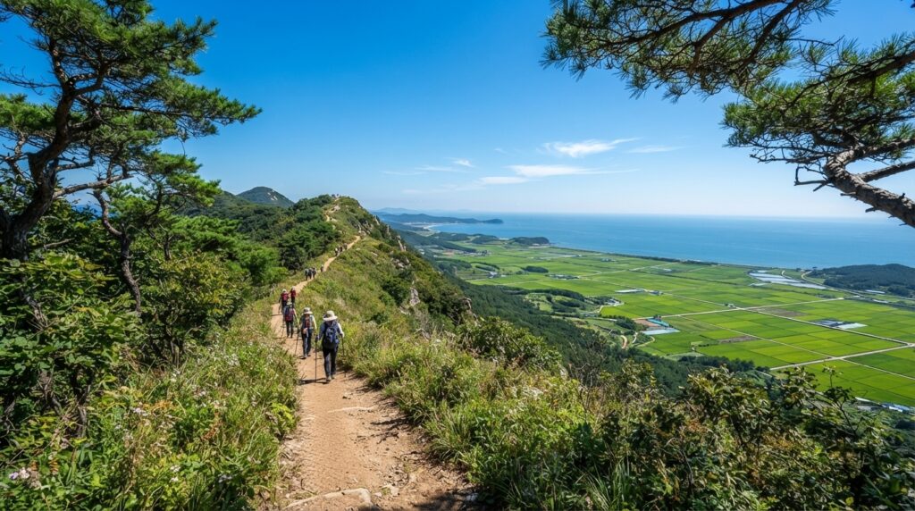 Hiking trail on Mani Mountain with coastal views on Ganghwado
