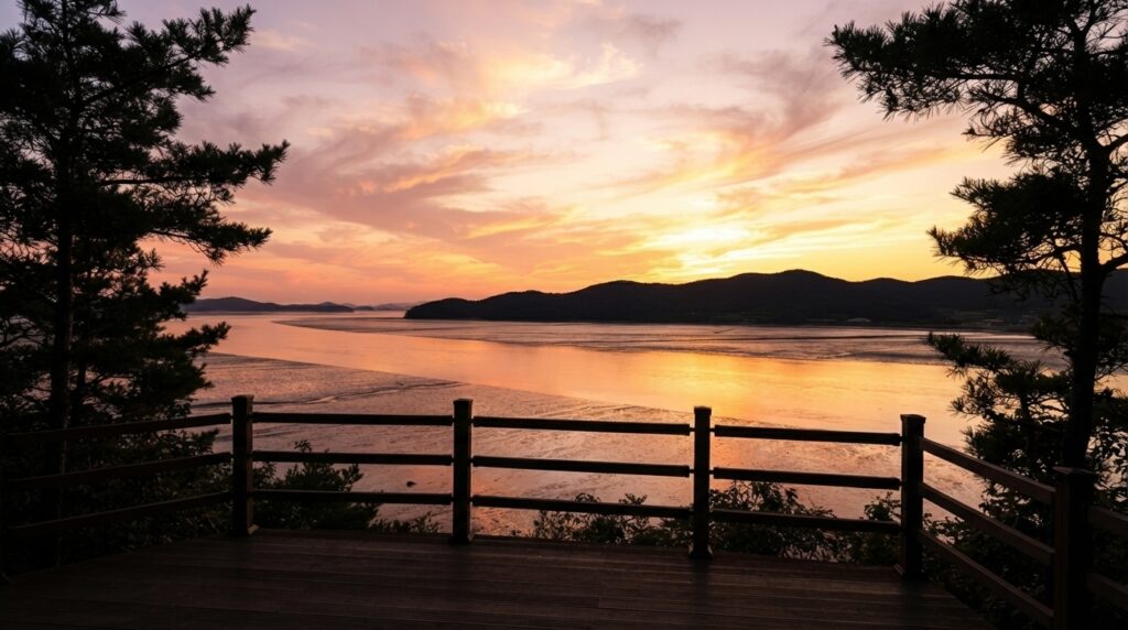 Sunset view over the Han River estuary from Ganghwado