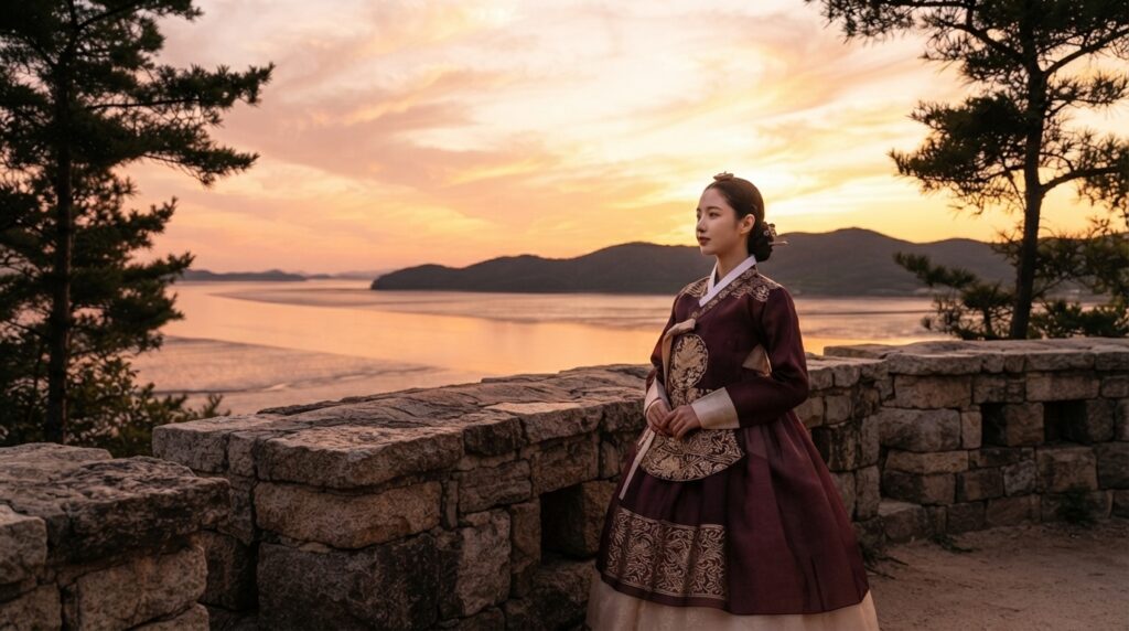 Traveler in hanbok at a Ganghwado fortress evoking historical K-drama scenes