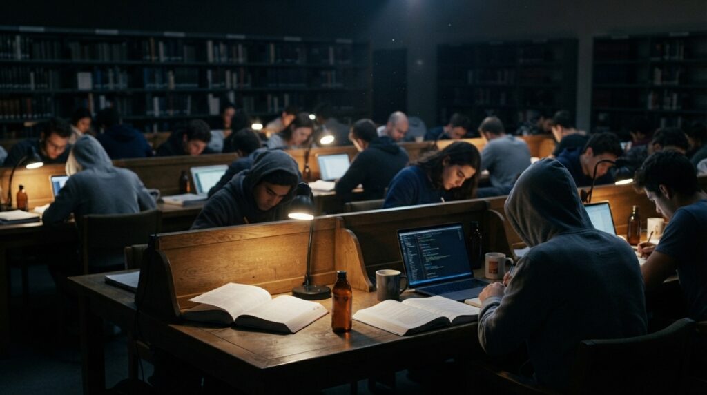 Korean students studying late at night with energy drink bottles nearby