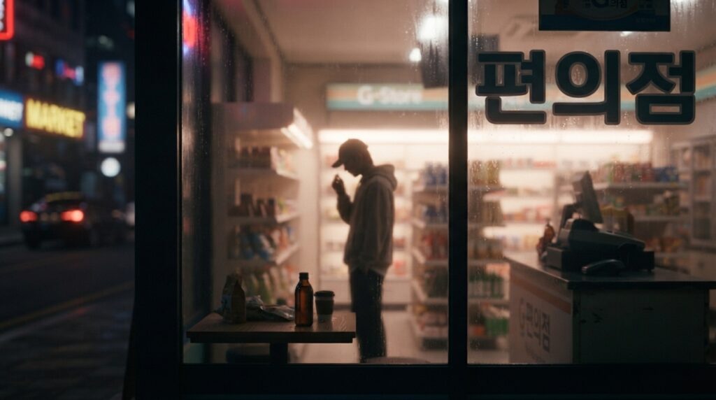 K-drama style set showing a convenience store scene at night