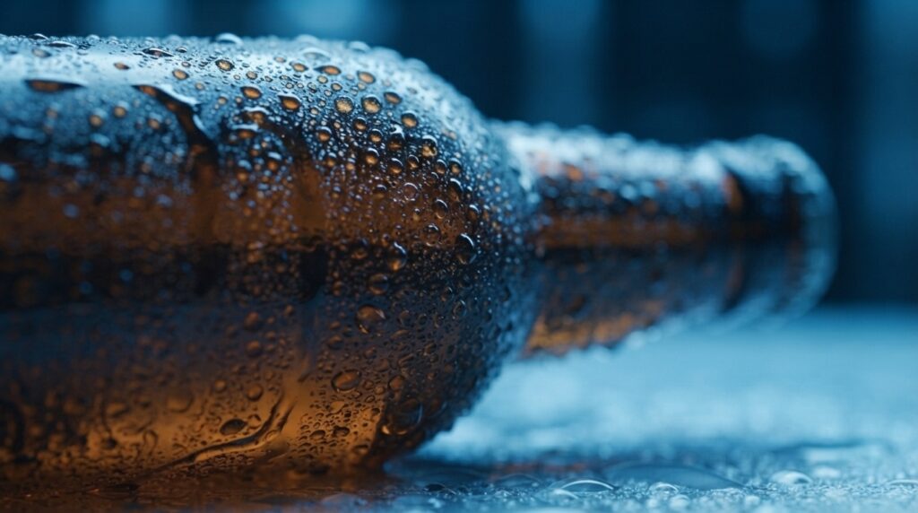Close-up of an energy drink bottle showing its amber glass design