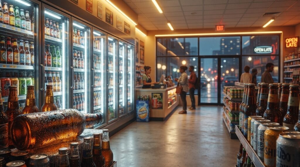 Korean convenience store shelves stocked with energy drink Bacchus F bottles at night