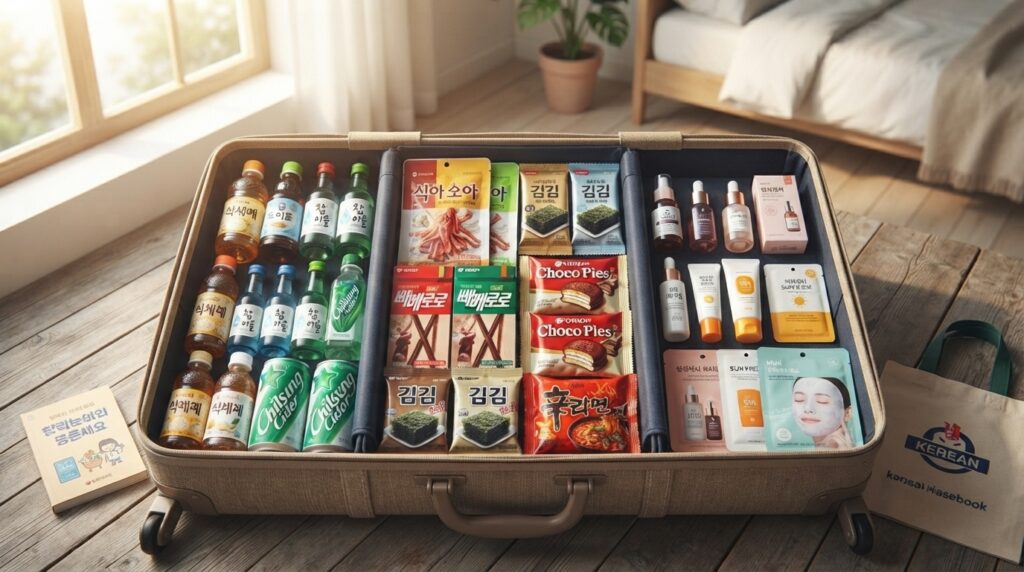 Traveler's suitcase packed with Korean snacks and beverage souvenirs