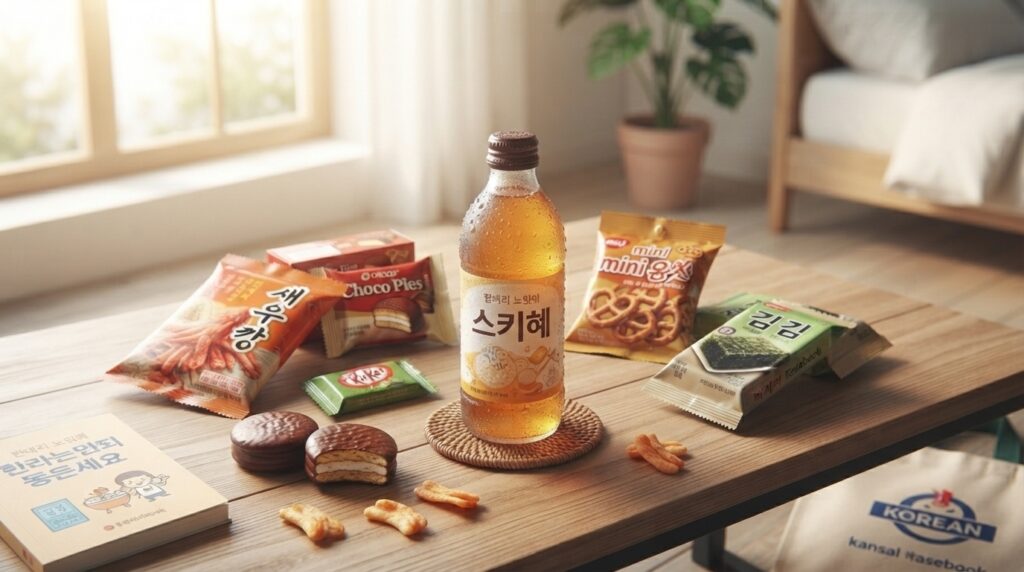Energy drink Bacchus F bottle paired with Korean snacks like shrimp crackers