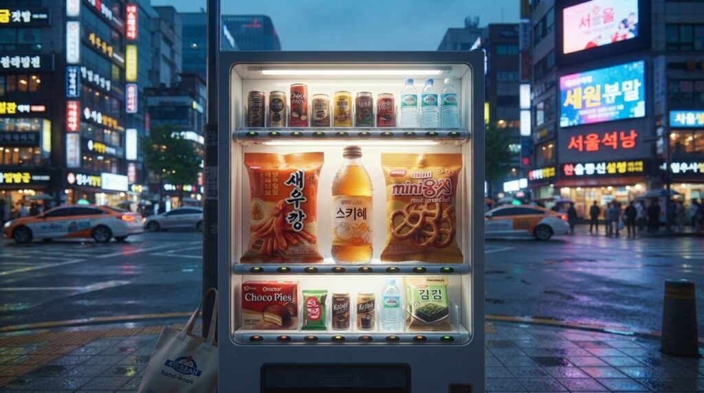 Futuristic Seoul skyline with a vending machine with Bacchus F at dusk