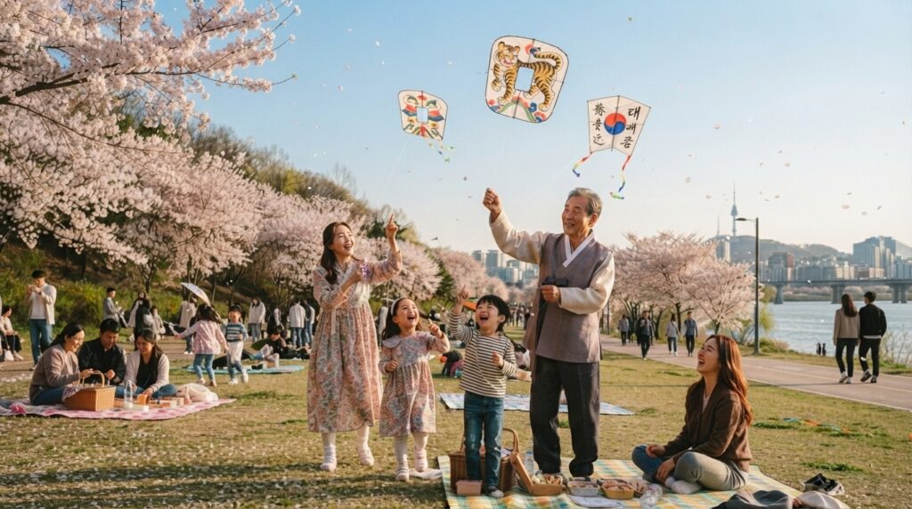 Children and parents flying Korean kites in a park during Children's Day