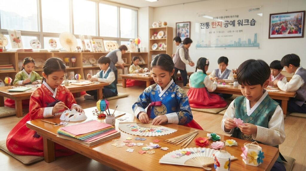Children in hanbok crafting hanji paper art at a Children's Day event