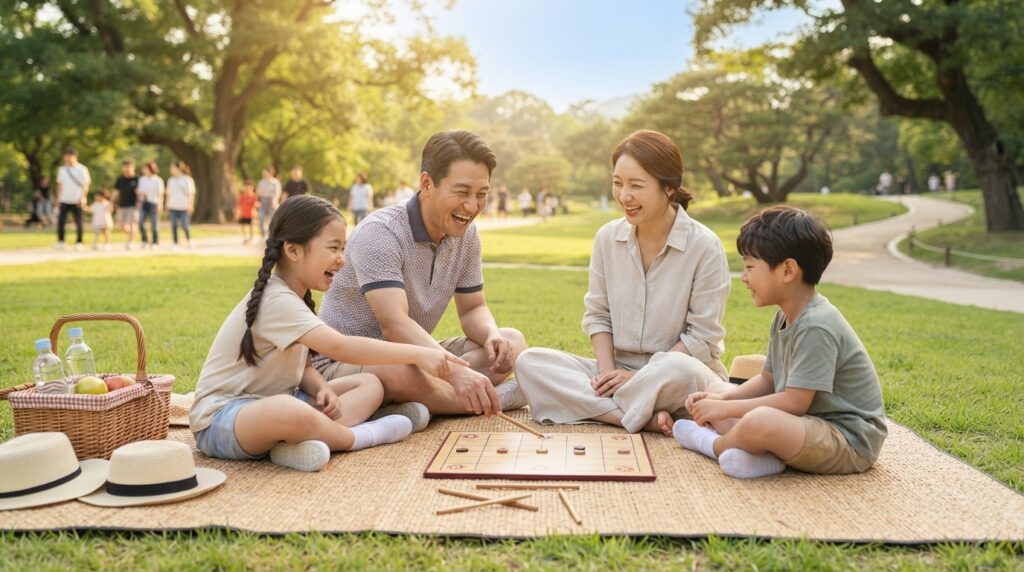 Korean family playing yutnori game in a park on Children's Day