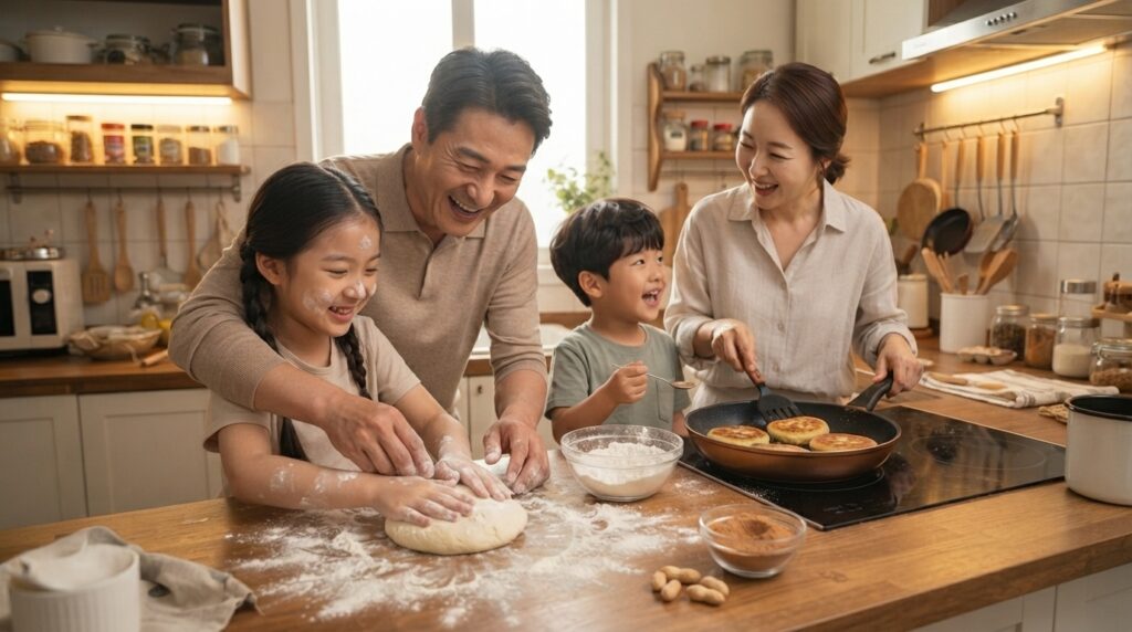 Family making hotteok together at home for Children's Day celebration