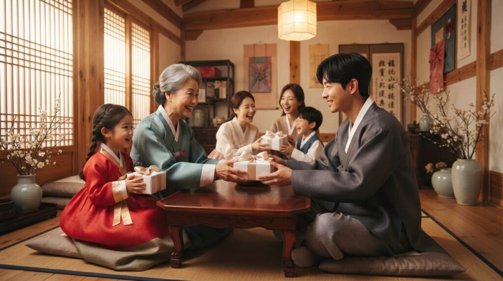 Family exchanging white gift boxes in a Korean home for White Day