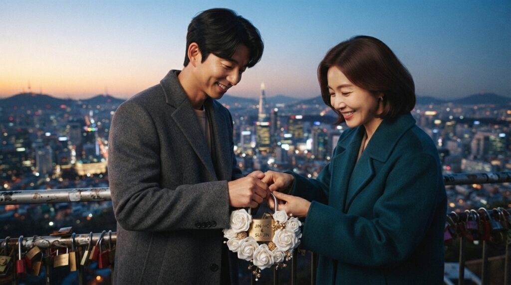 Couple attaching love lock with white roses at Namsan Tower