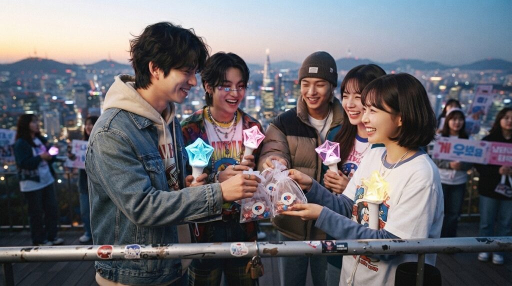 K-pop fans exchanging white candy bags at a White Day event