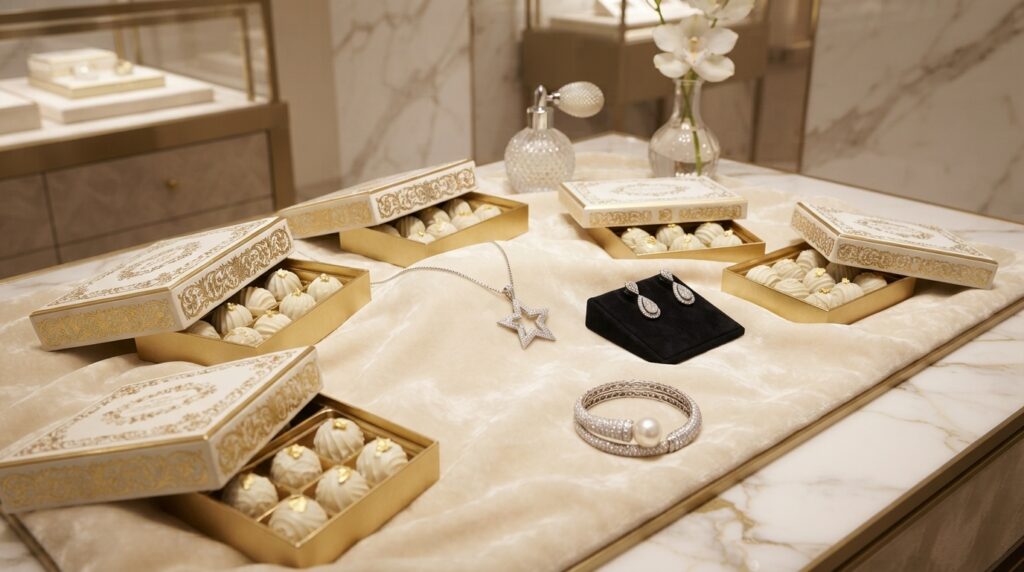 Luxury white chocolates and jewelry display for White Day