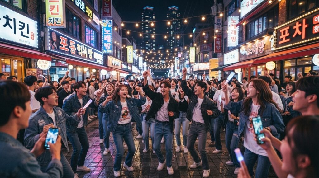 Fans dancing to K-Pop music at an outdoor event with Korean street signs
