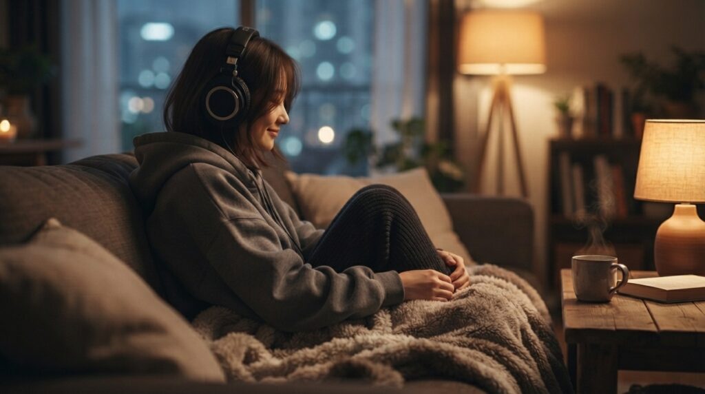 K-Drama fan listening to radio with headphones in a cozy setting