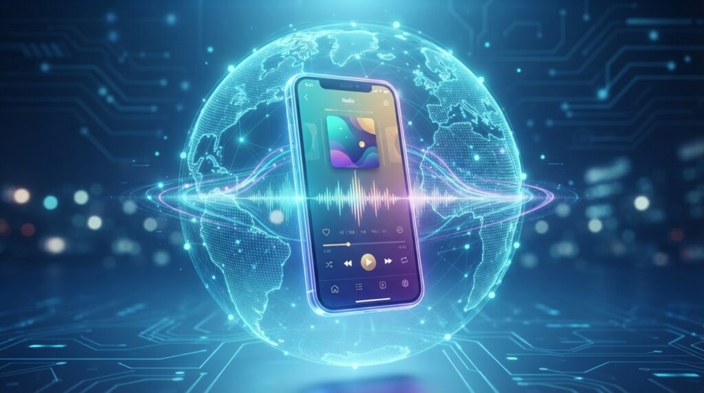 Radio app interface with global connectivity globe for streaming Korean radio