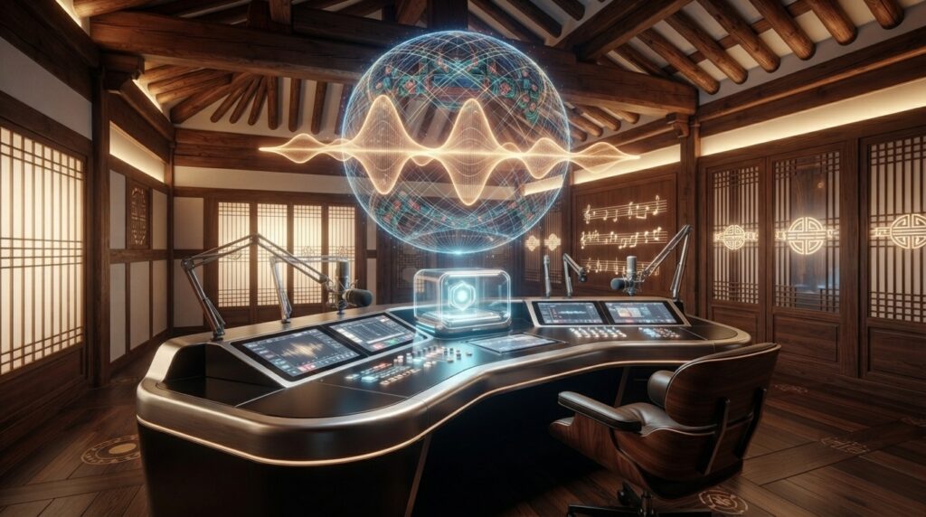 AI-powered radio studio blending modern technology with traditional Korean architecture
