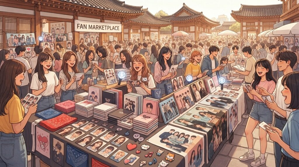 Fans exchanging K-Pop and K-Drama merchandise at a Korean market