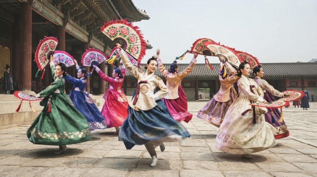 Historical reenactment of buchaechum fan dance at a Joseon Dynasty court