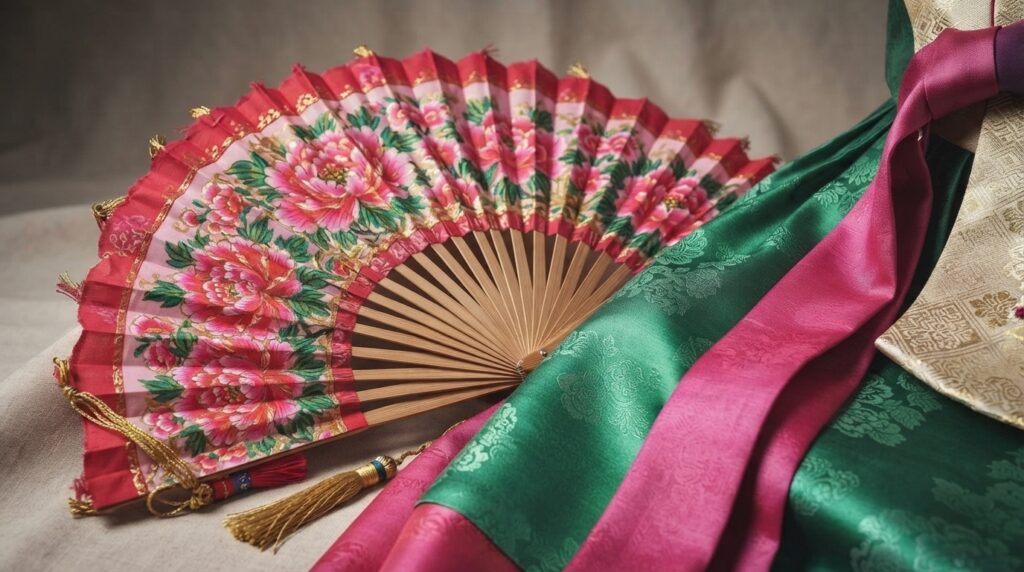 Close-up of ornate buchaechum fans with floral designs and hanbok costumes
