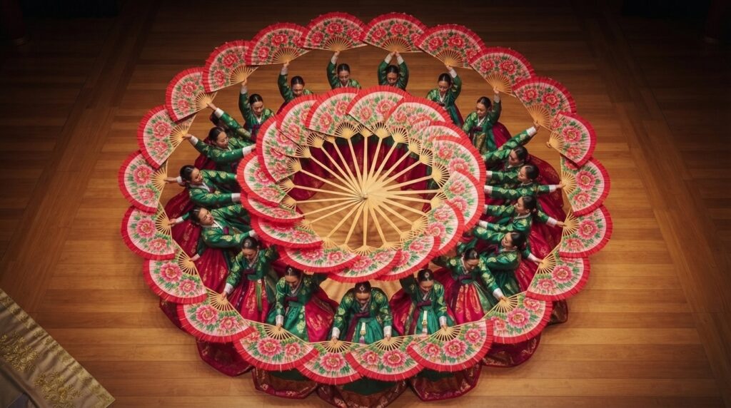 Buchaechum dancers forming a flower bloom pattern with their fans
