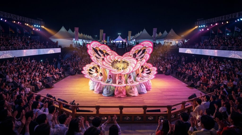 performance on an international stage with dancers forming a butterfly shape