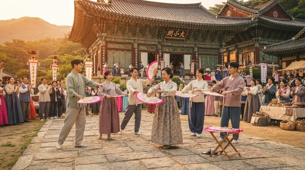 Buchaechum performance at a cultural preservation event near a historic temple