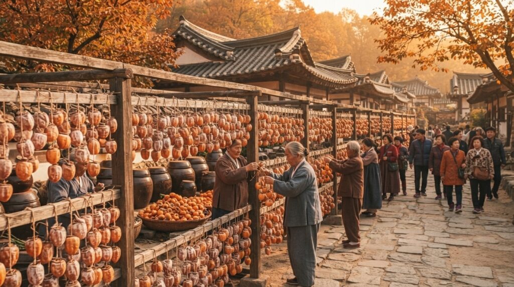 Historical Korean village scene showing villagers drying persimmons during Chuseok