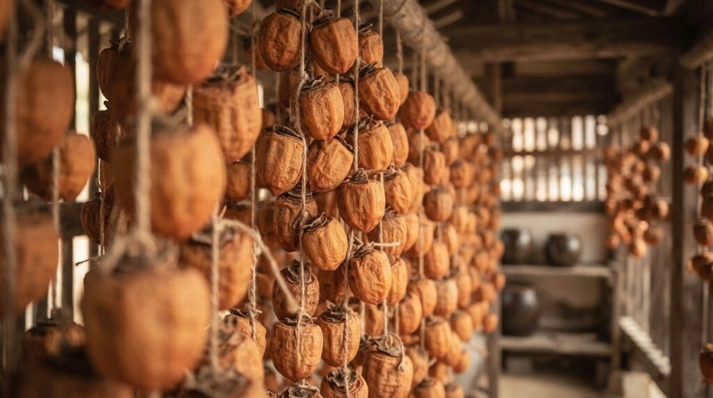 Step-by-step traditional Korean dried persimmon drying process in a rural setting